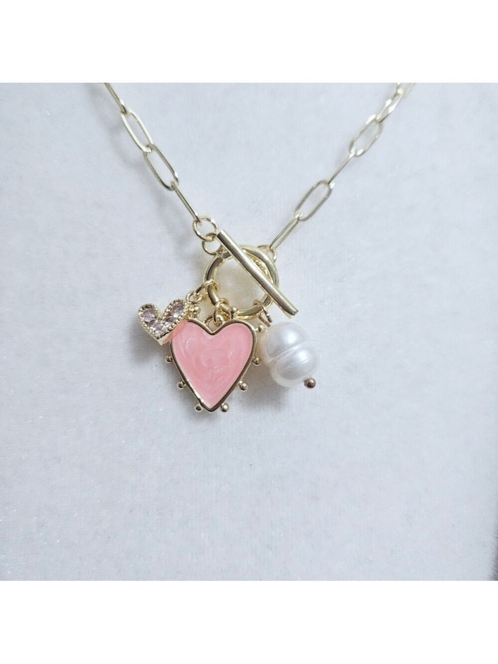 Fashion Pink Heart/Pearl Paperclip Chain Pendant Necklace - Picture 3 of 3